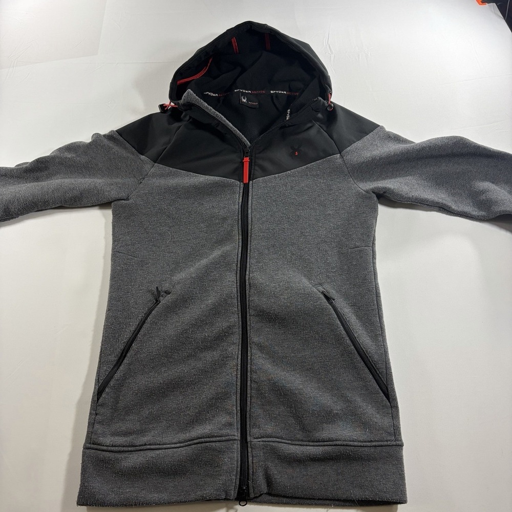 Spyder Active Men's Medium Full Zip Hooded Jacket Gray Black Fleece Athletic